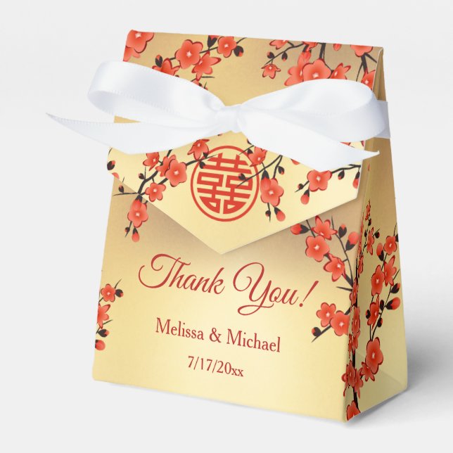  Red Cherry Blossom Gold Custom Chinese Wedding Favor Boxes (Front Side)