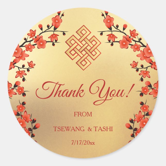 Red Cherry Blossom Gold Tibetan Wedding Thank You Classic Round Sticker (Front)
