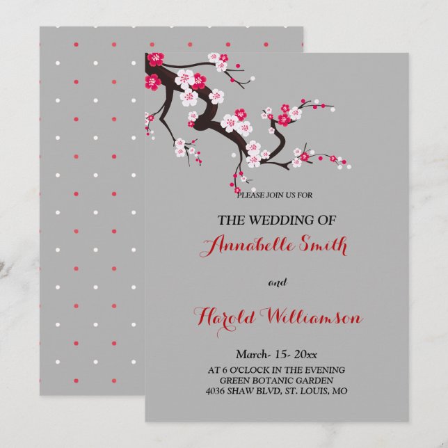 Red Cherry Blossom Pink White floral wedding card (Front/Back)