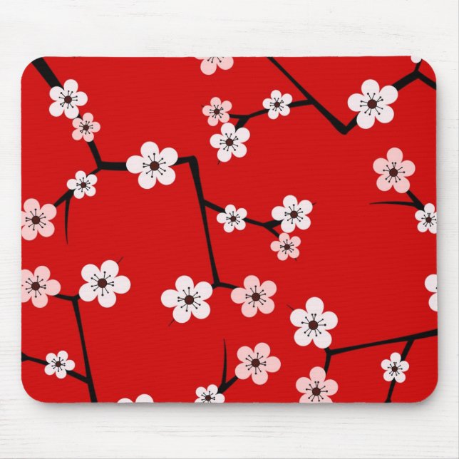 Red Cherry Blossom Print Mouse Pad (Front)
