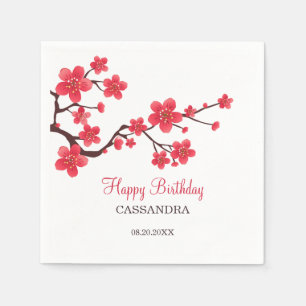 Red Cherry Blossom Sakura Floral Birthday Napkins