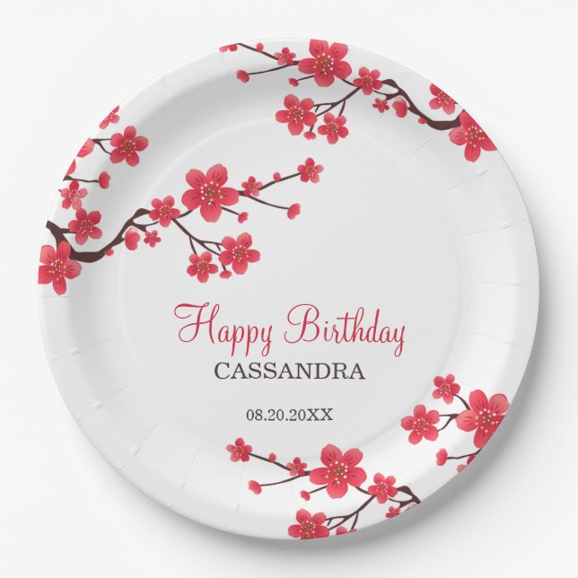 Red Cherry Blossom Sakura Floral Birthday Paper Plates (Front)