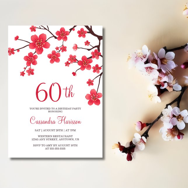 Red Cherry Blossom Sakura Rustic Floral Birthday Invitation (Creator Uploaded)