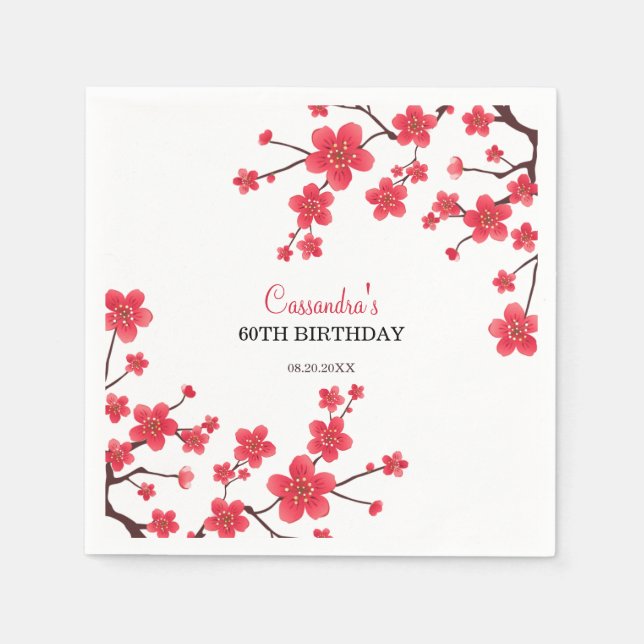 Red Cherry Blossom Sakura Rustic Floral Birthday Napkins (Front)