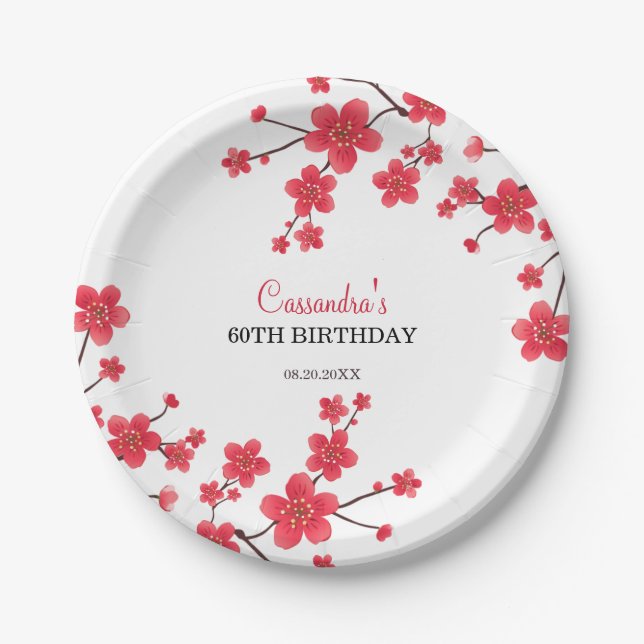 Red Cherry Blossom Sakura Rustic Floral Birthday Paper Plates (Front)