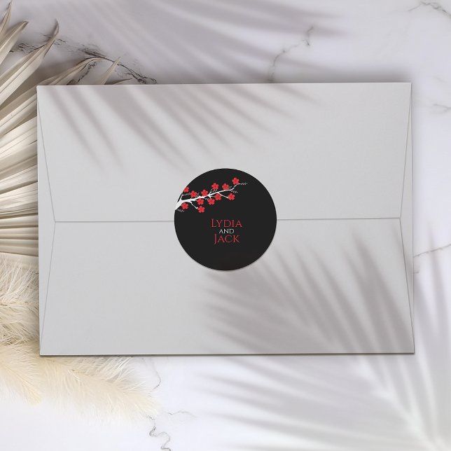 Red Cherry Blossom Themed Wedding Classic Round Sticker (Creator Uploaded)