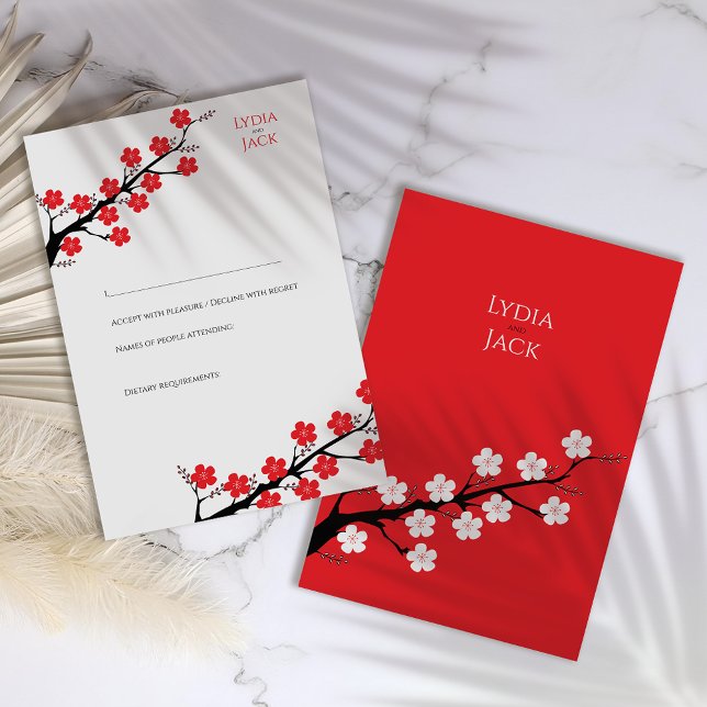 Red Cherry Blossom Themed Wedding RSVP Card (Creator Uploaded)