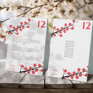 Red Cherry Blossom Themed Wedding Table Tent