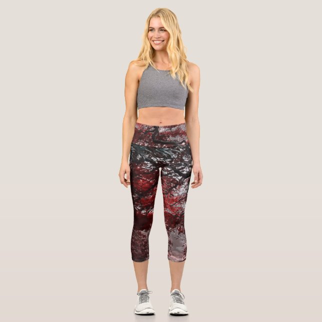 Red Cherry Blossom Tree  Capri Leggings (Front)