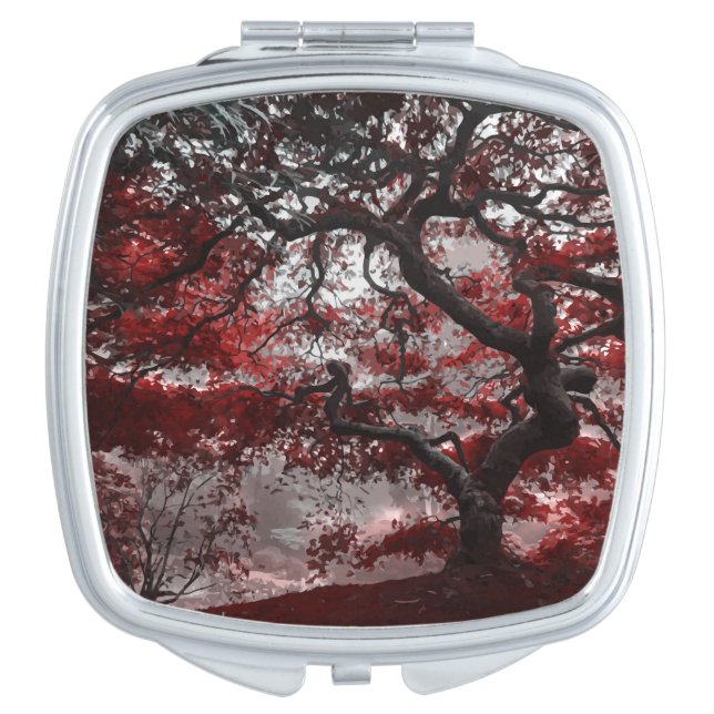 Red Cherry Blossom Tree Compact Mirror (Front)