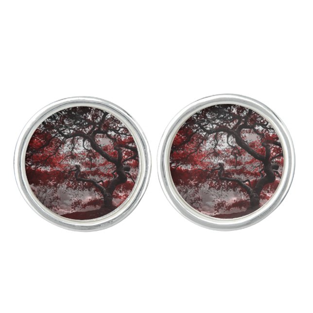 Red Cherry Blossom Tree Cufflinks (Front)