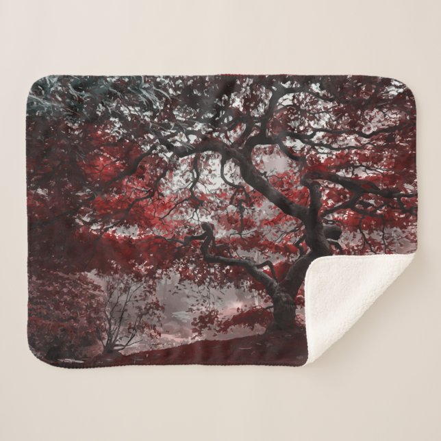 Red Cherry Blossom Tree Sherpa Blanket (Front (Horizontal))