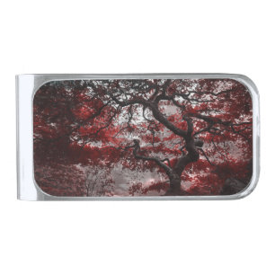 Red Cherry Blossom Tree Silver Finish Money Clip