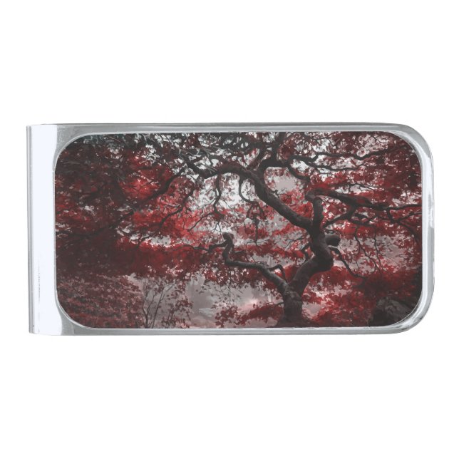 Red Cherry Blossom Tree Silver Finish Money Clip (Front)