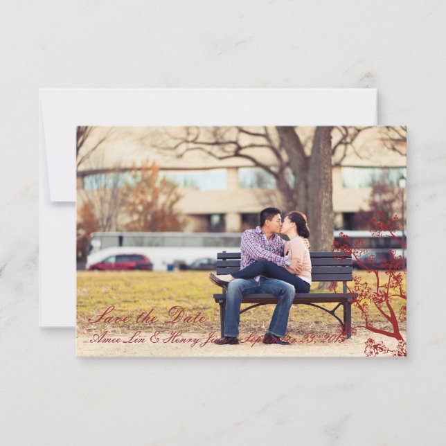 Red Cherry Blossom Wedding Save the Date Cards (Front)