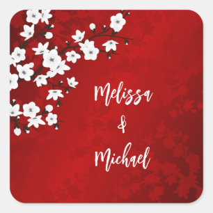 Red Cherry Blossom Wedding Square Sticker