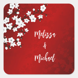 Red Cherry Blossom Wedding Square Sticker