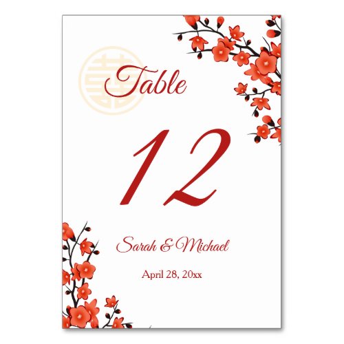  Red Cherry Blossom  White Chinese Wedding  Table Number