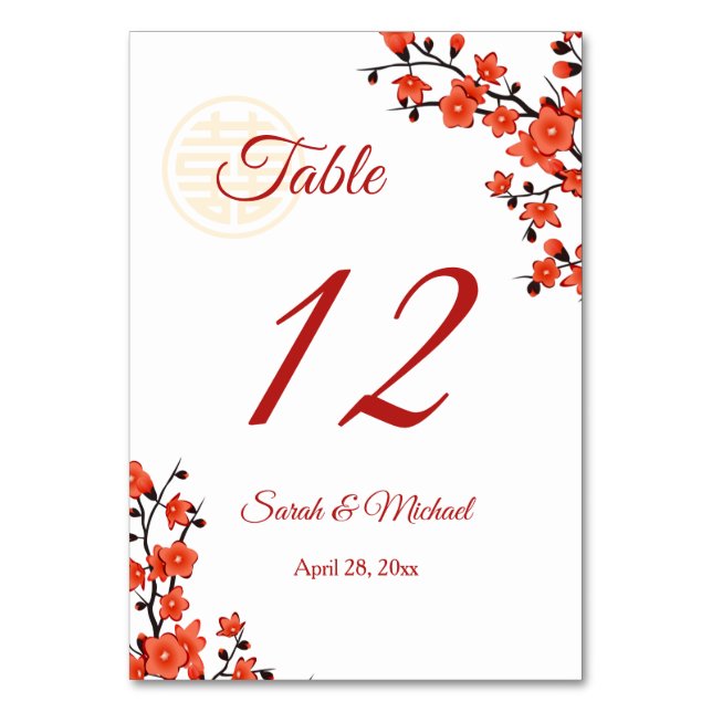  Red Cherry Blossom  White Chinese Wedding  Table Number (Front)