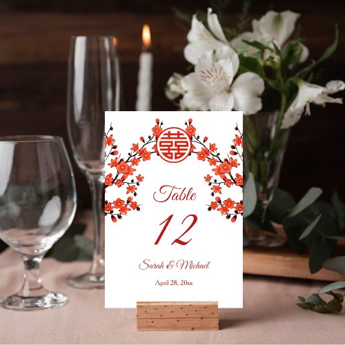 Red Cherry Blossom White Chinese Wedding Table Number