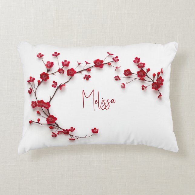 Red Cherry Blossoms Add Name Accent Pillow (Front)