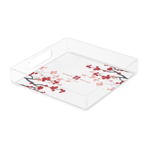 Red Cherry Blossoms And Double Xi Chinese Wedding  Acrylic Tray