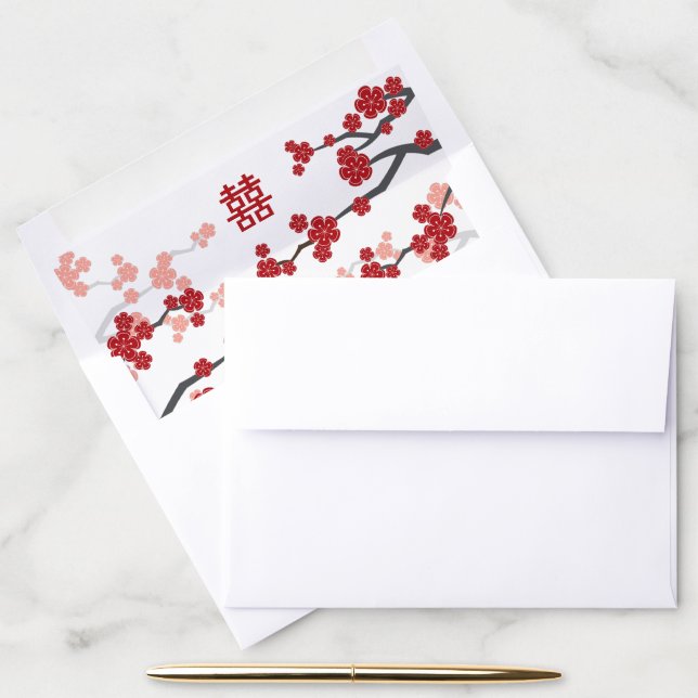 Red Cherry Blossoms And Double Xi Chinese Wedding  Envelope Liner (Desk)