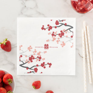 Red Cherry Blossoms And Double Xi Chinese Wedding Paper Dinner Napkins