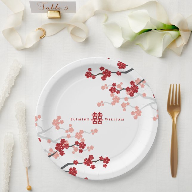 Red Cherry Blossoms And Double Xi Chinese Wedding  Paper Plates (Wedding)