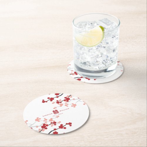 Red Cherry Blossoms And Double Xi Chinese Wedding Round Paper Coaster