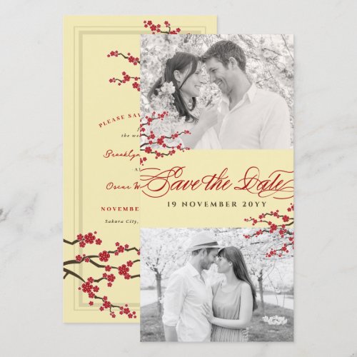 Red Cherry Blossoms Asian Zen Sakura Flowers Photo Save The Date