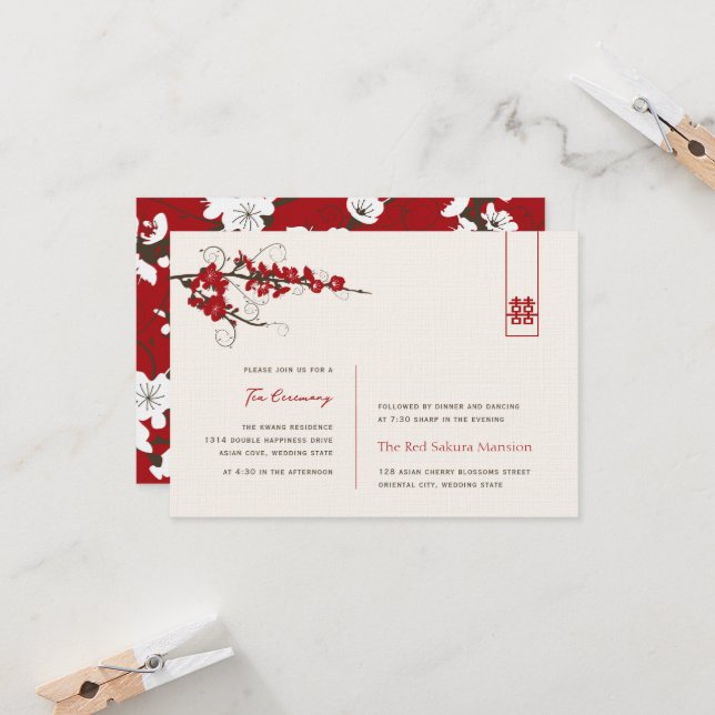 Red Cherry Blossoms Chic Asian Wedding Reception Invitation (Front/Back In Situ)