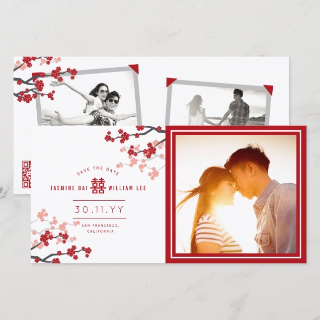 Red Cherry Blossoms Chinese Double Happiness Photo Save The Date (Front/Back)