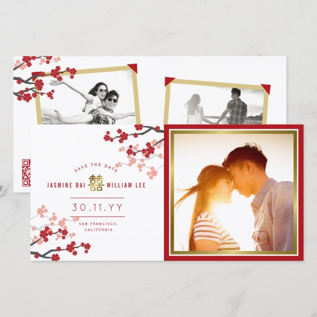 Red Cherry Blossoms Chinese Double Happiness Photo Save The Date (Front/Back)
