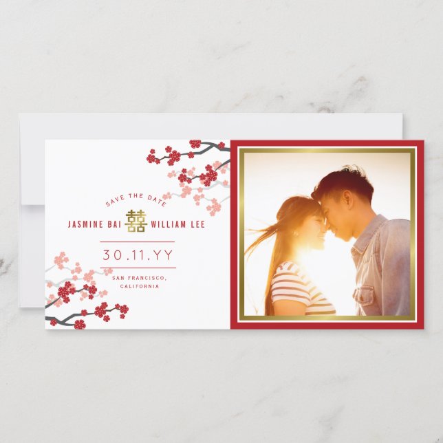 Red Cherry Blossoms Chinese Double Happiness Photo Save The Date (Front)