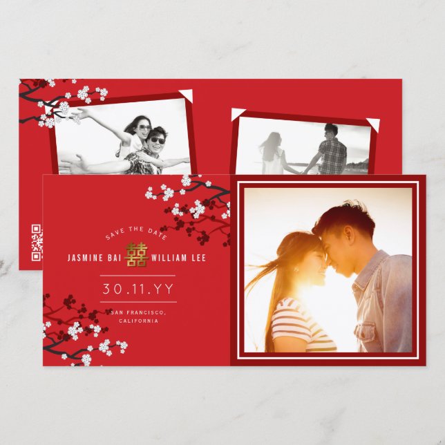 Red Cherry Blossoms Chinese Double Happiness Photo Save The Date (Front/Back)