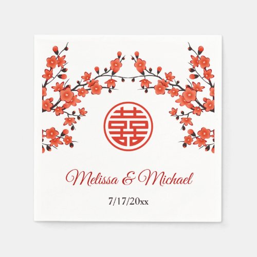   Red Cherry Blossoms Chinese Wedding Custom Napkins