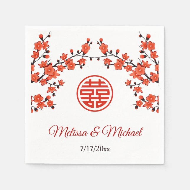   Red Cherry Blossoms Chinese Wedding Custom Napkins (Front)
