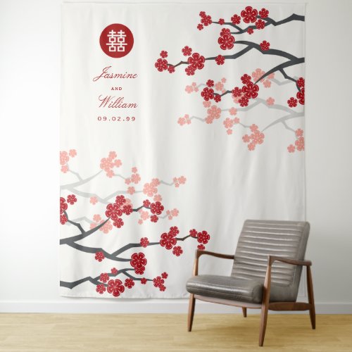Red Cherry Blossoms Chinese Wedding Photo Backdrop