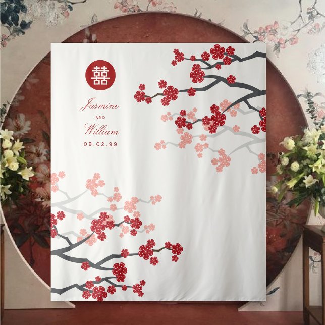 Red Cherry Blossoms Chinese Wedding Photo Backdrop (White/Red Cherry Blossoms Double Happiness, Chinese Wedding Backdrop Tapestry @ fatfatin_red_knot)