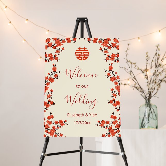 Red Cherry Blossoms Cream Chinese Wedding Foam Board (In Situ (Stand))