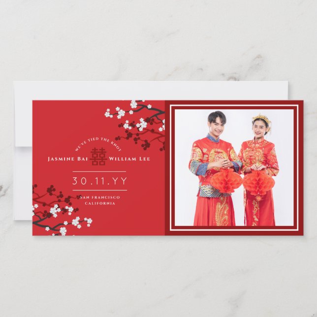 Red Cherry Blossoms Double Happiness Photo Wedding Announcement (Front)
