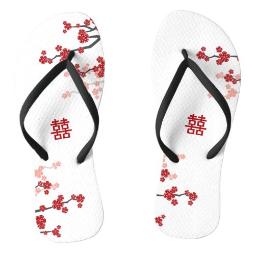 Red Cherry Blossoms Double Xi Chic Chinese Wedding Flip Flops