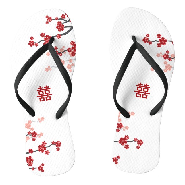 Red Cherry Blossoms Double Xi Chic Chinese Wedding Flip Flops (Footbed)