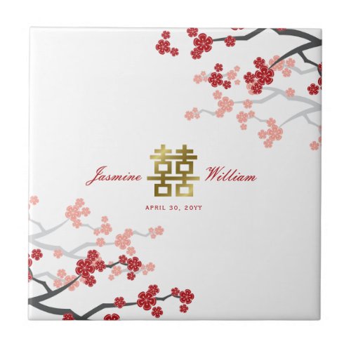 Red Cherry Blossoms Elegant Chinese Wedding Favor Ceramic Tile