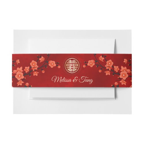   Red Cherry Blossoms Gold Chinese Wedding Custom  Invitation Belly Band