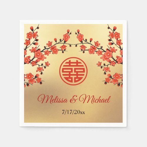   Red Cherry Blossoms Gold Chinese Wedding Custom Napkins