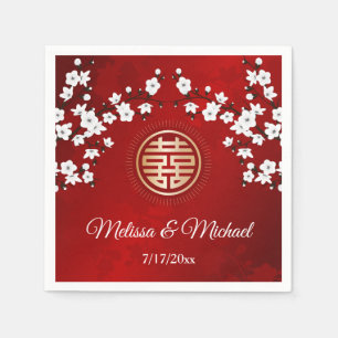   Red Cherry Blossoms Gold Chinese Wedding Custom  Napkins