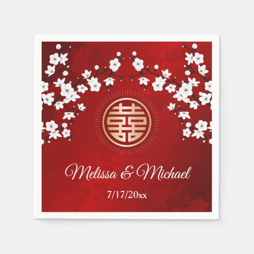   Red Cherry Blossoms Gold Chinese Wedding Custom  Napkins