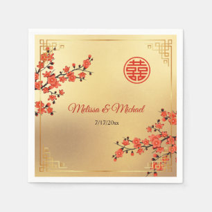 Red Cherry Blossoms Gold Chinese Wedding Custom Napkins